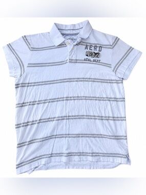 Y2K Aeropostale AERO 1987 Striped Polo Shirt XXL White Gray Logo Preppy #9